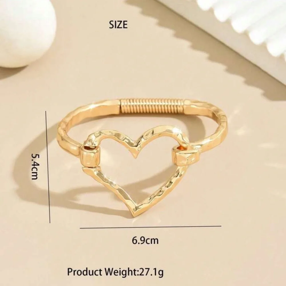 2 Heart bracelet & barrette gold jewelry hammered metal love gift Mother’s Day